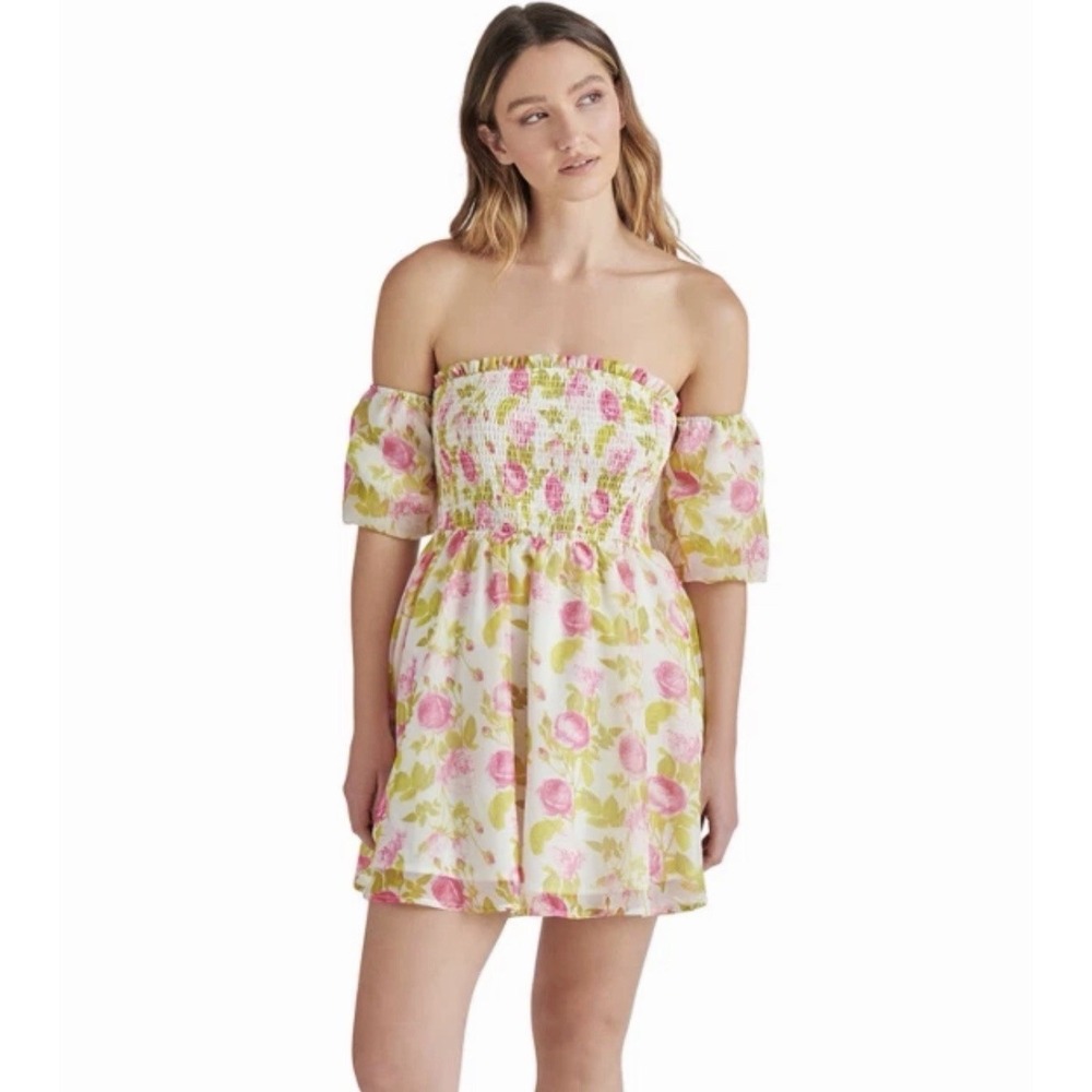 NEW Betsey Johnson Floral Smocked Off Shoulder Puff Sleeve Mini Dress Womens M